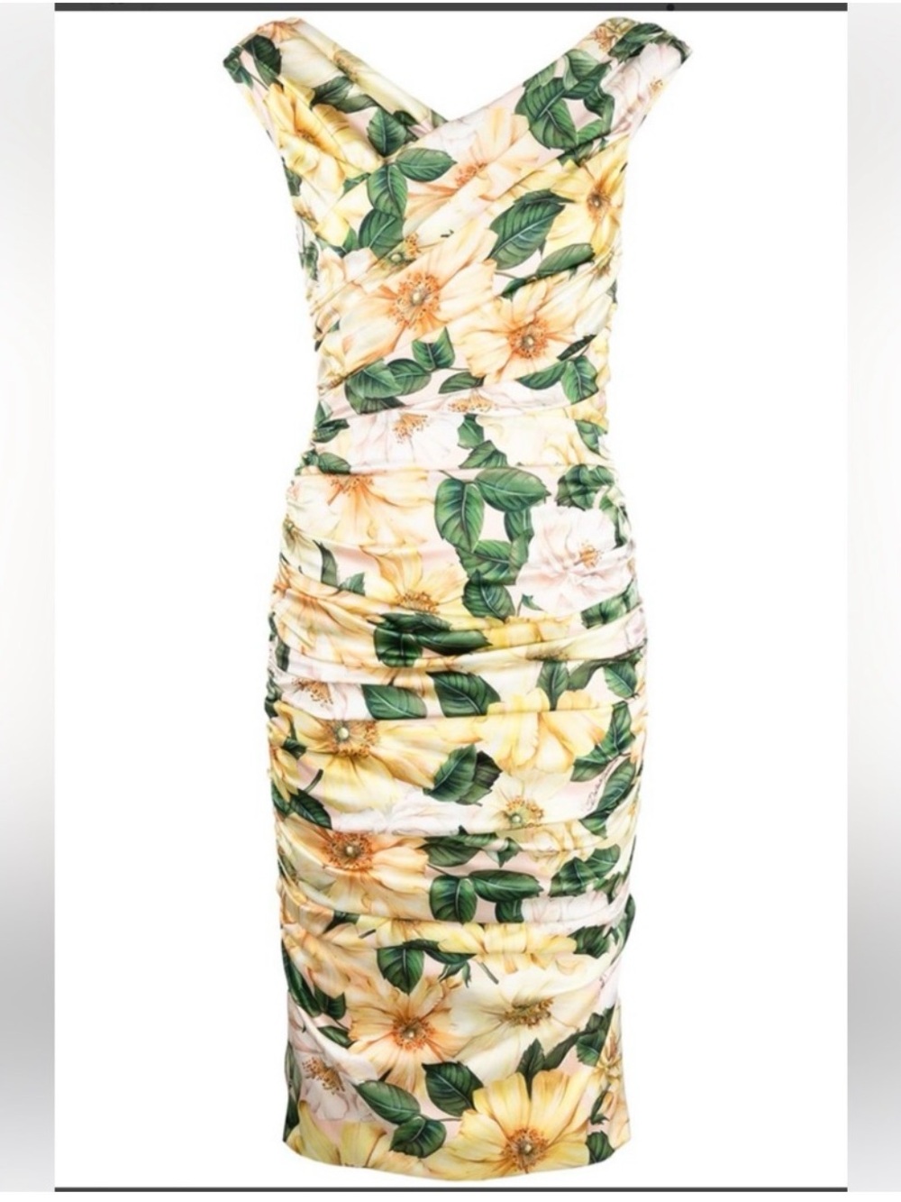 Dolce & Gabbana Yellow Floral Ruched Midi Dress